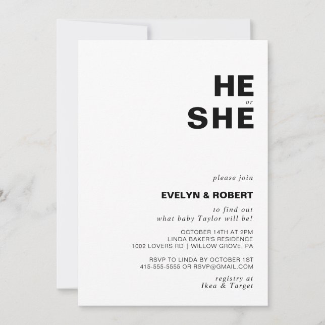 Minimalist Elegant He or She Gender Reveal    Invitation (Front)