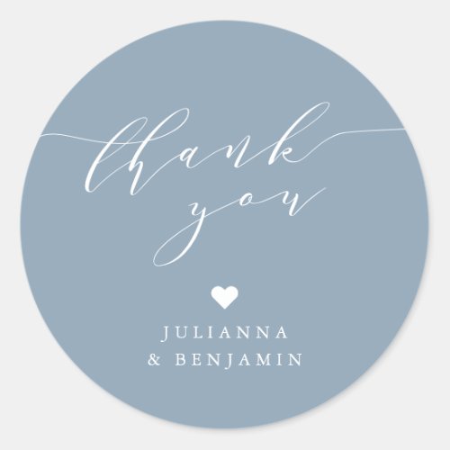 Minimalist Elegant Heart Dusty Blue Name Thank You Classic Round Sticker