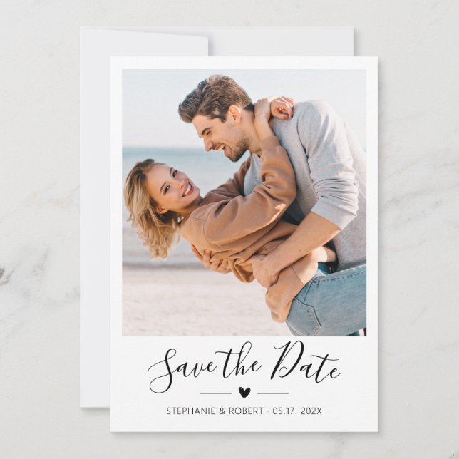 Minimalist Elegant Heart Script Photo Wedding  Save The Date (Front)