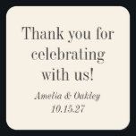 Minimalist Elegant Ivory Vintage Wedding Thank You Square Sticker<br><div class="desc">A timeless thank-you sticker to complete your wedding favors with charm and grace. This classic design features refined serif typography and a soft ivory background, perfect for elegant, romantic, or vintage-inspired weddings. Personalize with your names and date to make your favors truly memorable. Ideal for sealing treat bags, boxes, jars,...</div>
