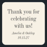 Minimalist Elegant Ivory Vintage Wedding Thank You Square Sticker<br><div class="desc">A timeless thank-you sticker to complete your wedding favors with charm and grace. This classic design features refined serif typography and a soft ivory background, perfect for elegant, romantic, or vintage-inspired weddings. Personalize with your names and date to make your favors truly memorable. Ideal for sealing treat bags, boxes, jars,...</div>
