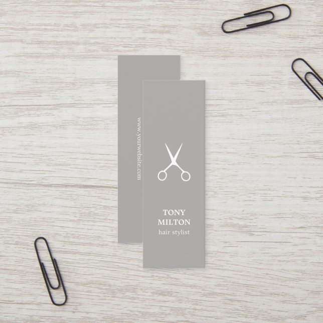 Minimalist Elegant Light Grey White Hairstylist Mini Business Card (Front/Back In Situ)