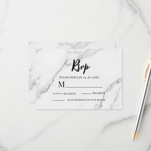 Minimalist Elegant Marble Black and White Script RSVP Card