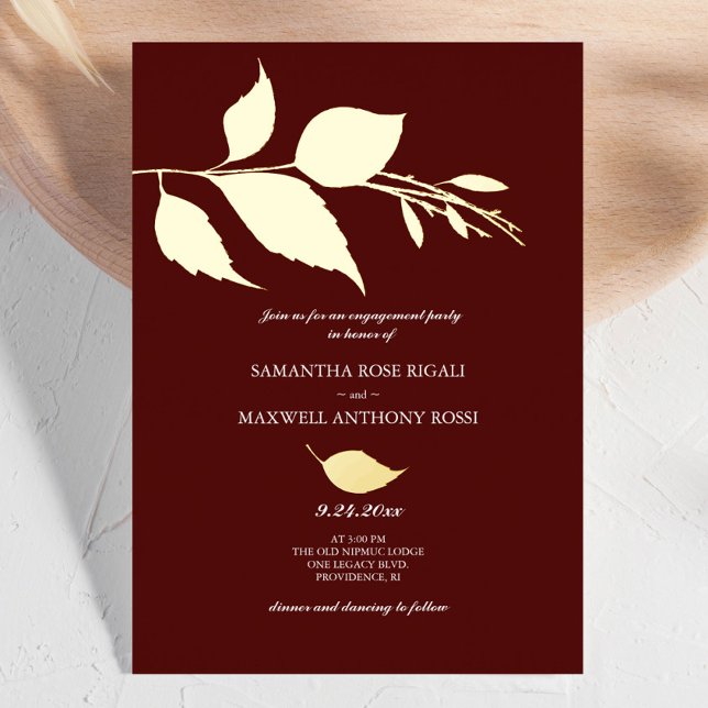Minimalist Elegant Maroon Engagement Party Foil Invitation (Burgundy and gold fall engagement party invites)