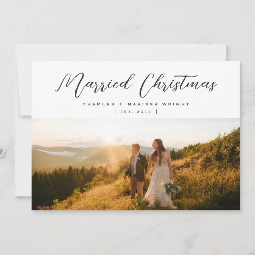 Minimalist Elegant Married Christmas Script Photo Holiday Card