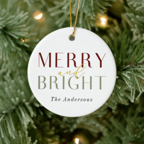 Minimalist Elegant Merry and Bright Christmas Ceramic Ornament