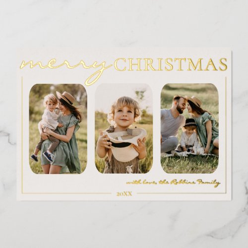 Minimalist Elegant Merry Christmas 3 Photo Foil Holiday Card