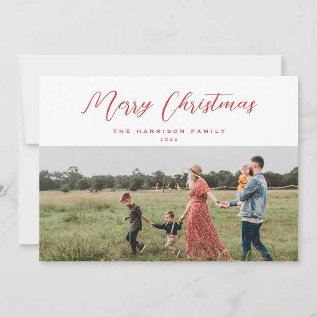 Minimalist Elegant Merry Christmas Script Photo Holiday Card (Front)