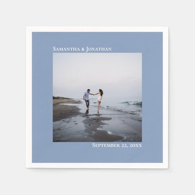 Minimalist Elegant Modern Dusty Blue Wedding Photo Napkins (Front)