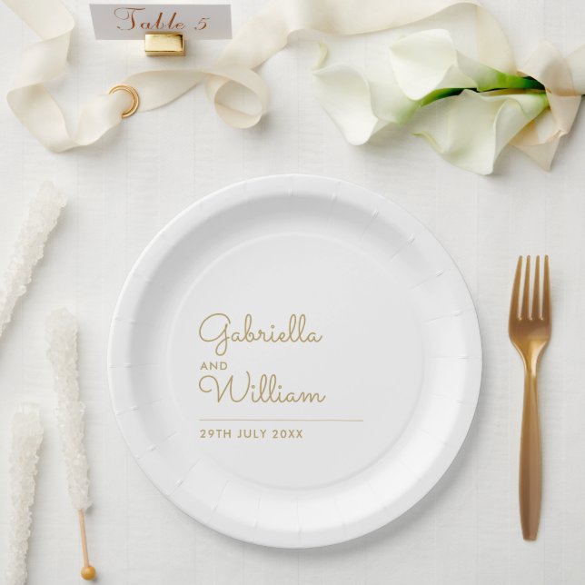 Minimalist Elegant Modern Gold Script Paper Plates (Wedding)