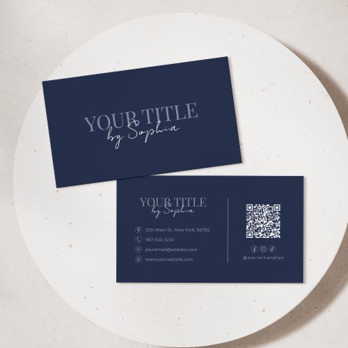 Minimalist Elegant Modern Navy Blue QR Code Business Card