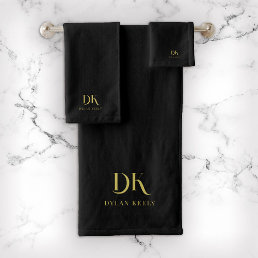 Minimalist Elegant Monogram Black Gold Stylish Bath Towel Set