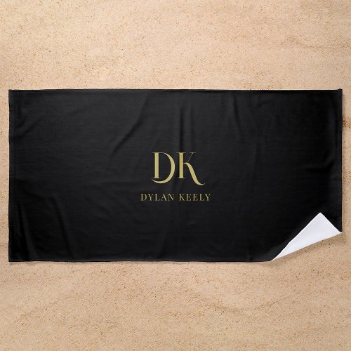 Minimalist Elegant Monogram Black Gold Stylish Beach Towel
