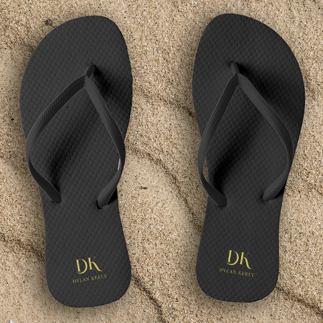 Minimalist Elegant Monogram Black Gold Stylish Flip Flops (Creator Uploaded)
