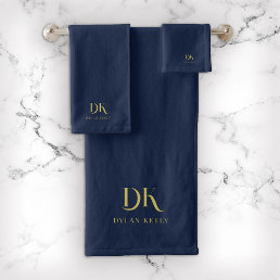 Minimalist Elegant Monogram Dark Blue Gold Stylish Bath Towel Set