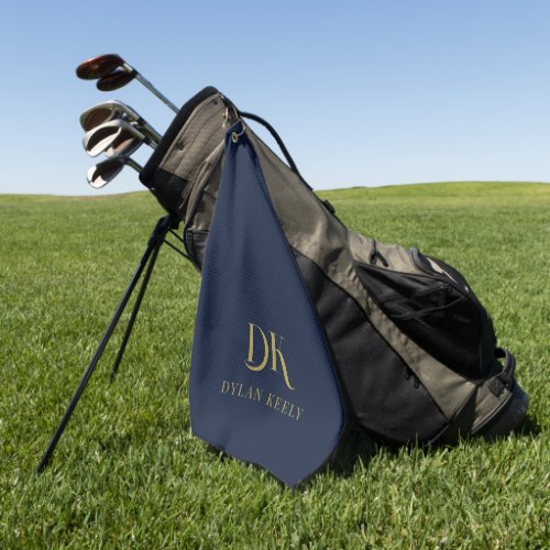 Minimalist Elegant Monogram Dark Blue Gold Stylish Golf Towel