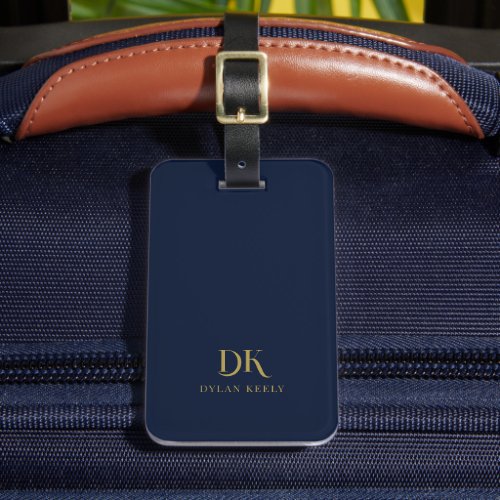 Minimalist Elegant Monogram Dark Blue Gold Stylish Luggage Tag
