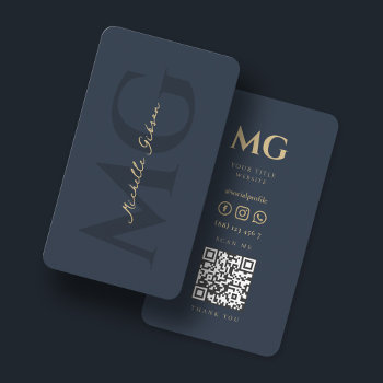 Minimalist Elegant Monogram Dark Blue Qr Business Card by GOODSY at Zazzle