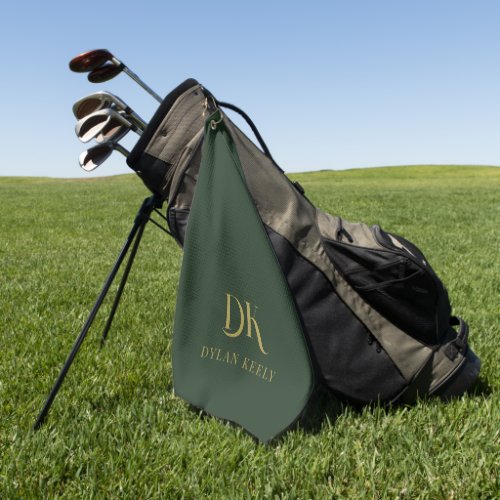 Minimalist Elegant Monogram Dark Green Gold Golf Towel