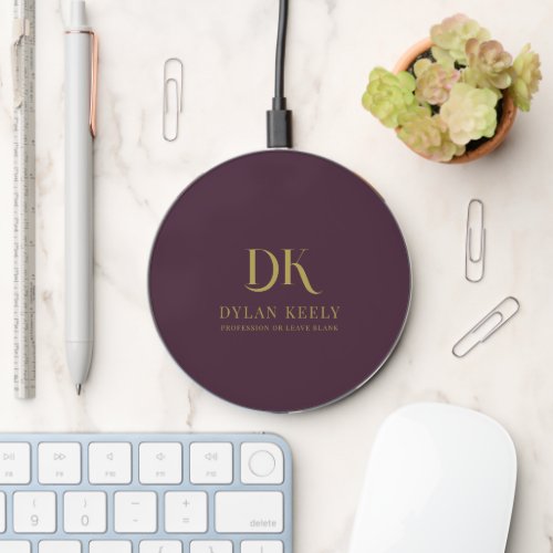 Minimalist Elegant Monogram Dark Maroon Red Gold Wireless Charger