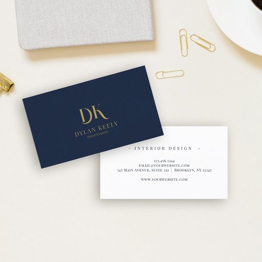 Customizable Minimalist Elegant Monogram Dark Navy Blue Gold Business Card