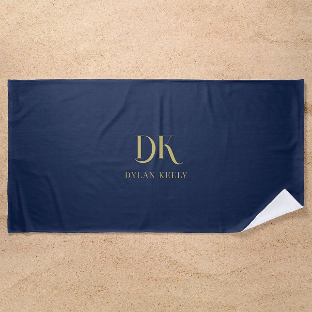 Minimalist Elegant Monogram Dark Navy Blue Stylish Beach Towel (Creator Uploaded)