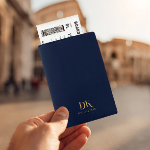 Minimalist Elegant Monogram Dark Navy Gold Stylish Passport Holder