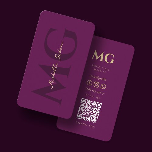 Minimalist Elegant Monogram Dark Purple QR  Business Card