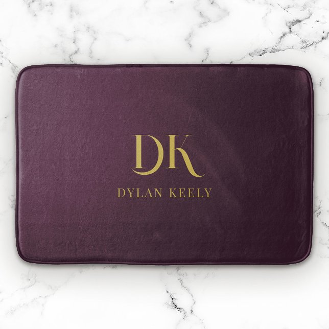 Minimalist Elegant Monogram Dark Red Gold Stylish Bath Mat (Creator Uploaded)