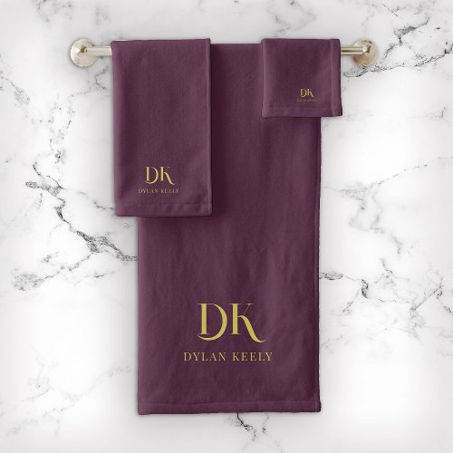Minimalist Elegant Monogram Dark Red Gold Stylish Bath Towel Set