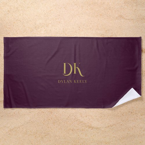 Minimalist Elegant Monogram Dark Red Gold Stylish Beach Towel