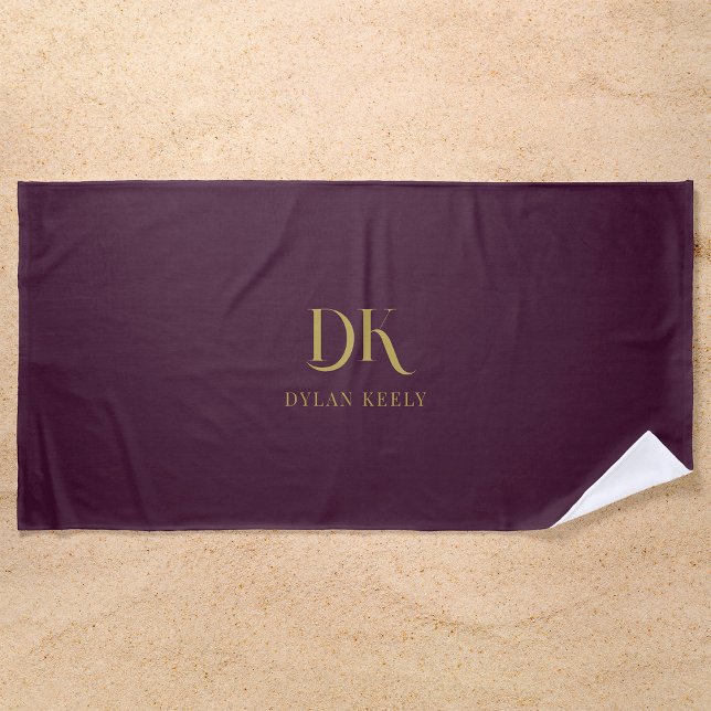 Minimalist Elegant Monogram Dark Red Gold Stylish Beach Towel (Creator Uploaded)