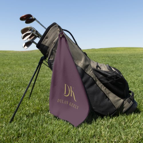 Minimalist Elegant Monogram Dark Red Gold Stylish Golf Towel