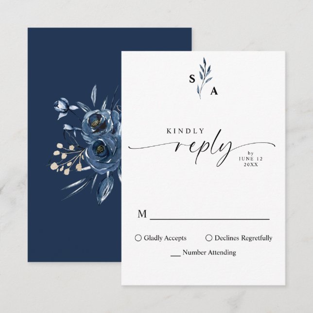 Minimalist Elegant Monogram Navy Blue Calligraphy RSVP Card (Front/Back)