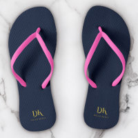 Minimalist Elegant Monogram Navy Blue Gold Stylish Flip Flops