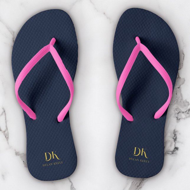 Minimalist Elegant Monogram Navy Blue Gold Stylish Flip Flops (Creator Uploaded)