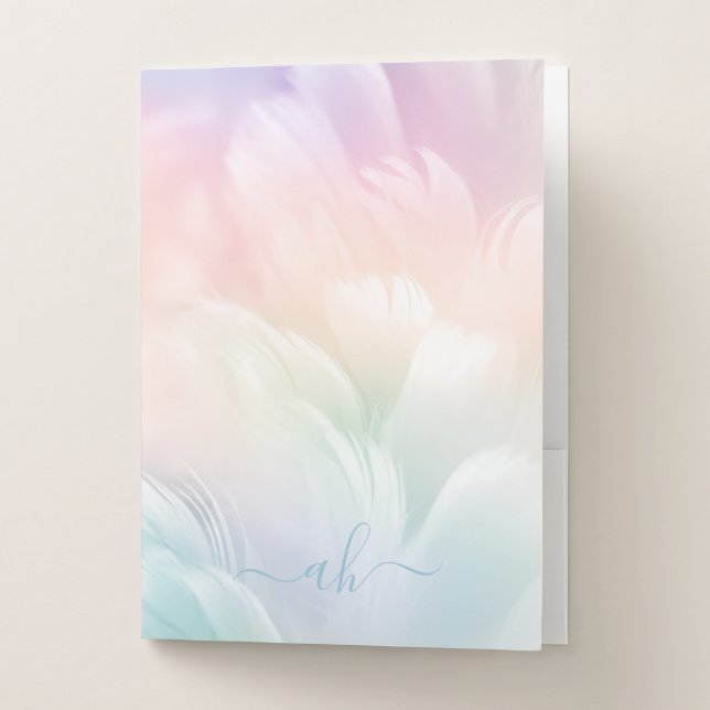Minimalist Elegant Monogram Pastel Rainbow Feather Pocket Folder (Front)