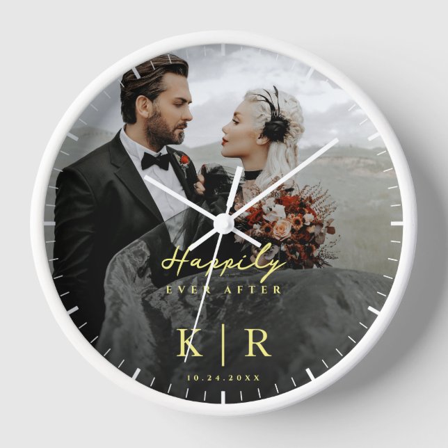 Minimalist Elegant Monogram Wedding Photo Clock (Front)