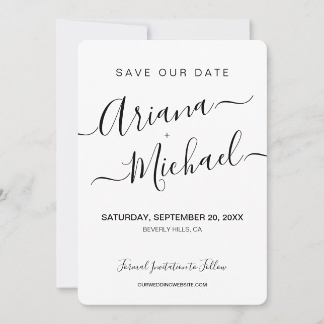Minimalist Elegant Name Script Engagement photo Save The Date (Front)