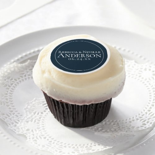 Minimalist Elegant Nautical Navy Blue Text Wedding Edible Frosting Rounds