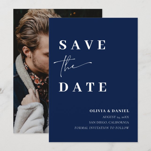 Minimalist Elegant Navy Blue Photo Save the Date Invitation (Front/Back)