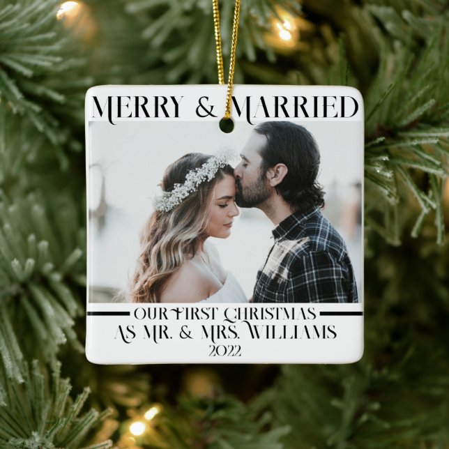 Minimalist Elegant Newlyweds Mr & Mrs 1 Photo Ceramic Ornament (Tree)