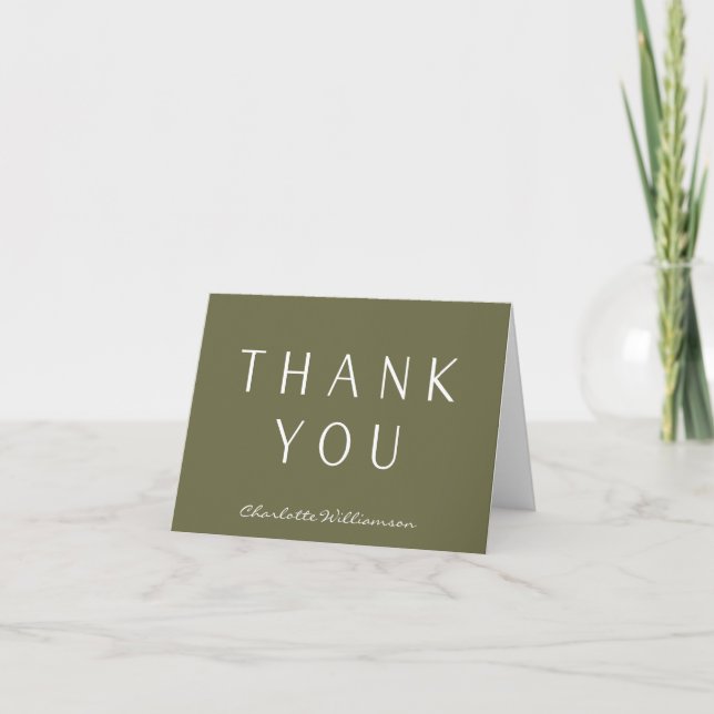 Minimalist Elegant Olive Green Personalized  Thank You Card (Front)