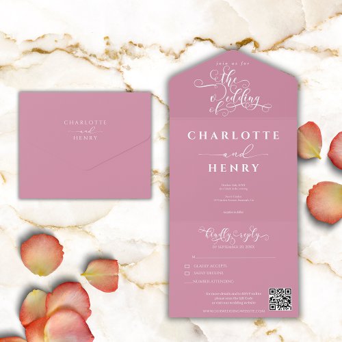 Minimalist Elegant Pastel Pink QR Code Wedding All In One Invitation