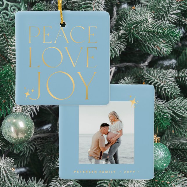 Minimalist elegant peace love joy family photo ceramic ornament (Creator Uploaded)