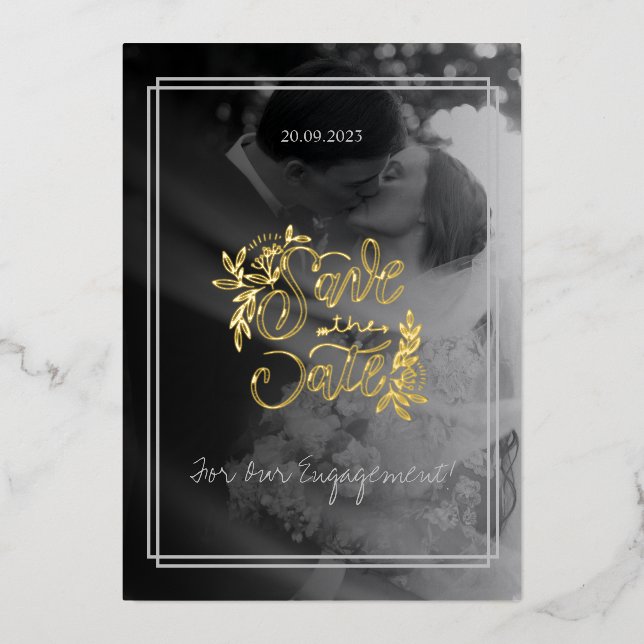 Minimalist Elegant Photo Engagement Gold Script Foil Invitation (Front)