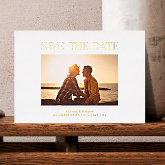 Minimalist Elegant Photo Save The Date REAL GOLD Foil Invitation
