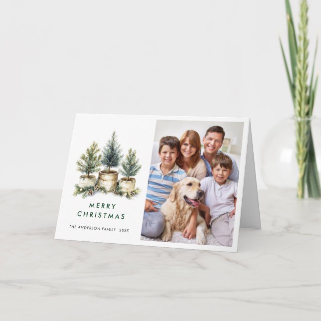 Minimalist Elegant Pine Tree Christmas 3 Photo Holiday Card (Front)