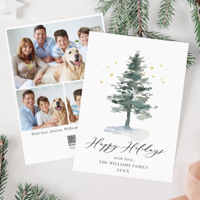 Minimalist Elegant Pine Tree Christmas 3 Photo Holiday Card (Creator Uploaded)