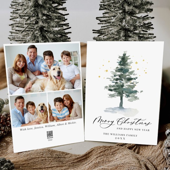 Minimalist Elegant Pine Tree Christmas 3 Photo Holiday Card (Creator Uploaded)
